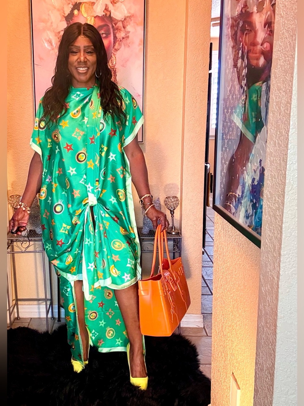 Green Patterned Asymmetrical Kaftan Dress with Front Tie